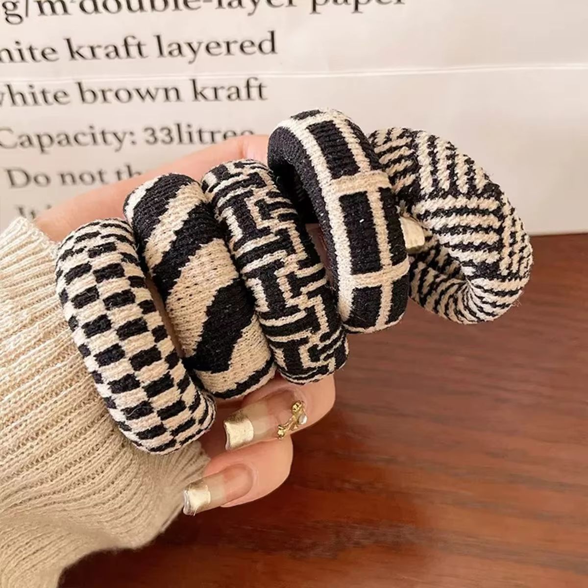 Checkered Comfort Stretch Hair Rings  Versatile Black  White Pack 7