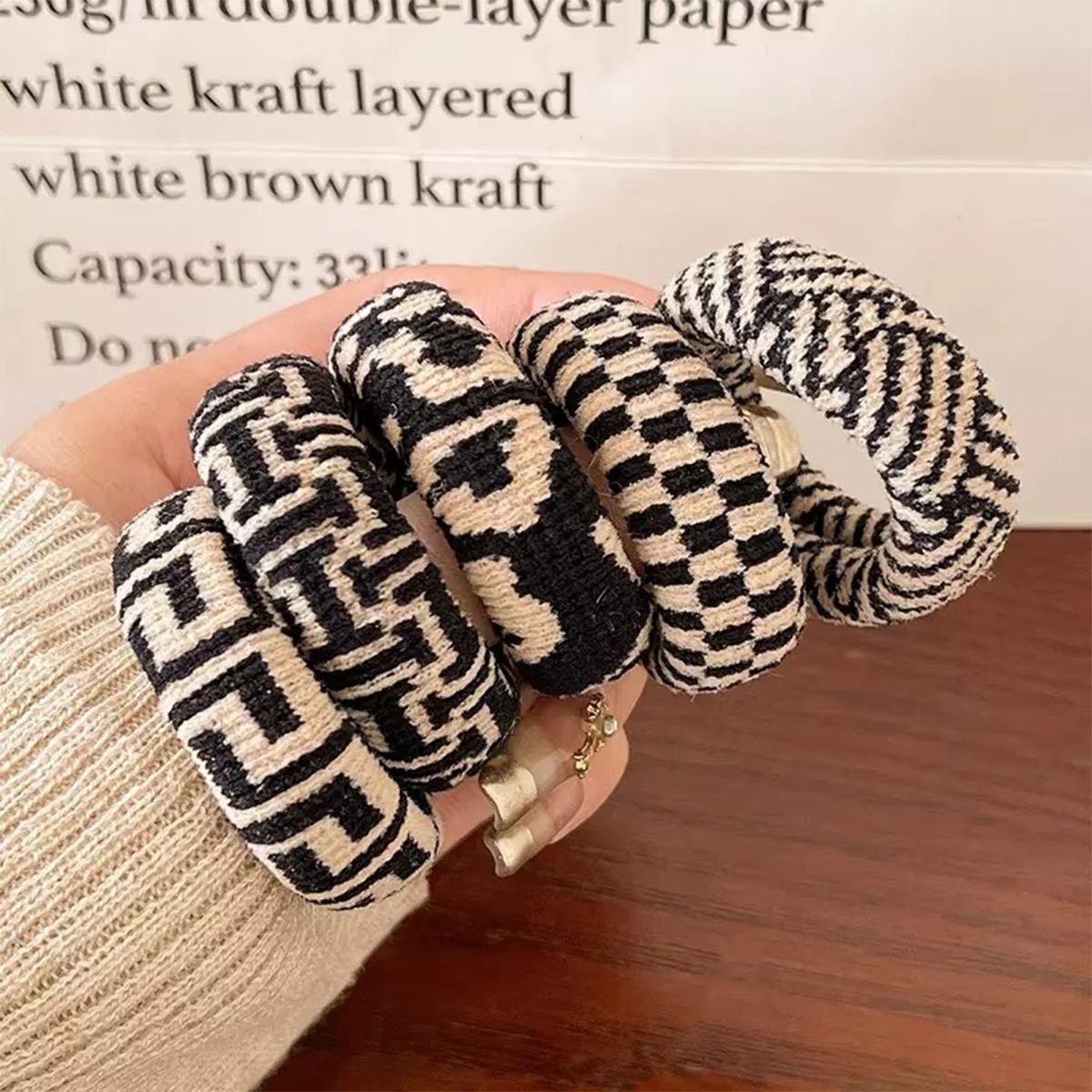 Checkered Comfort Stretch Hair Rings  Versatile Black  White Pack 8