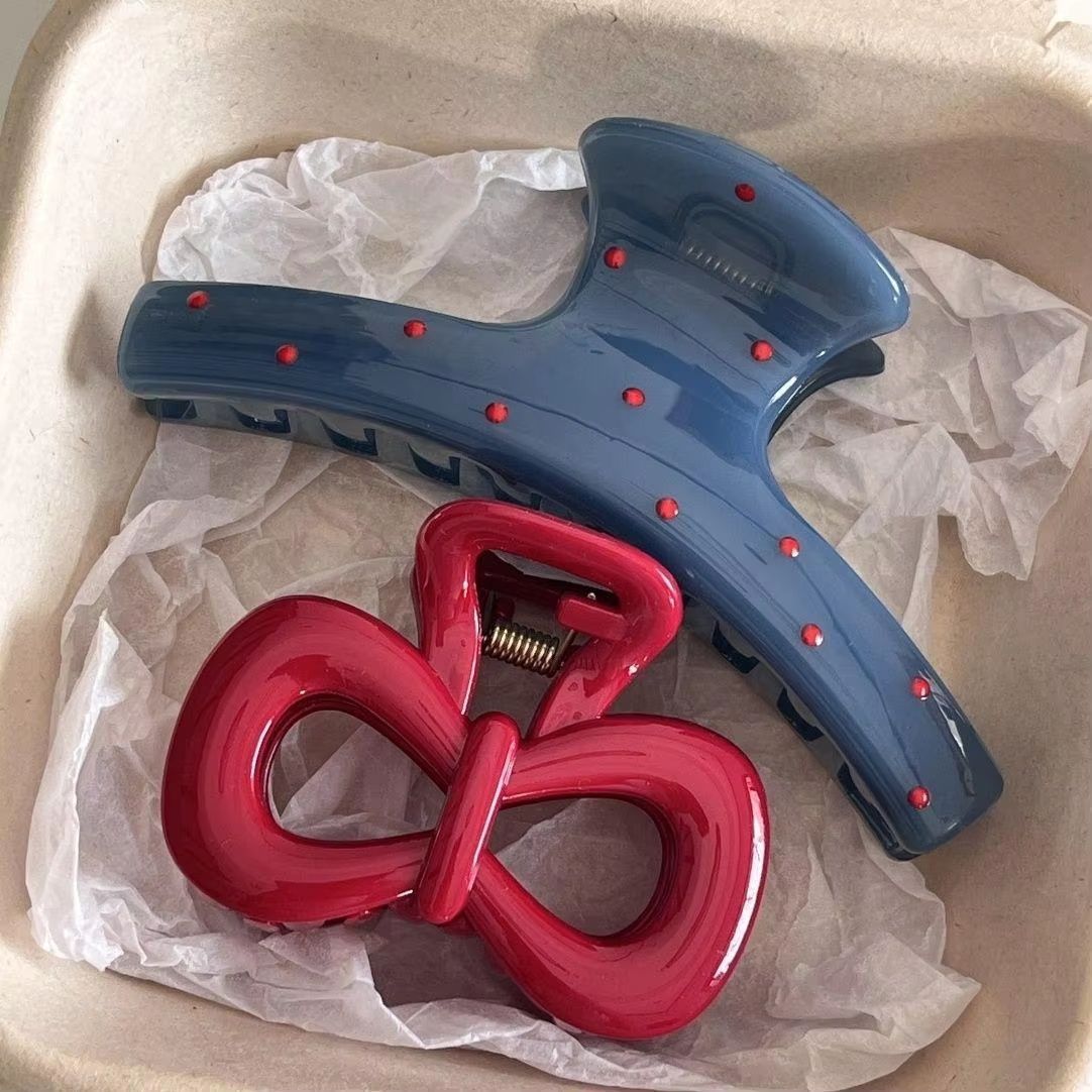 Polka-Dot Bow Claw Clips Set – Vintage Blue & Red Trend Hair Accessory