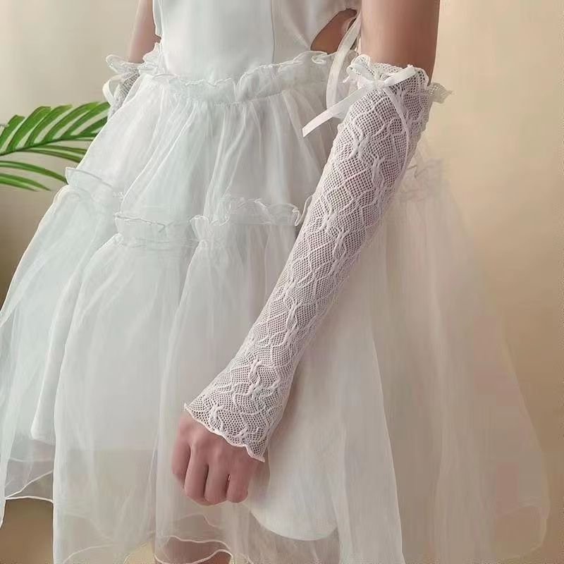 RuffleDream Mesh Lace Y2K Fingerless Gloves  Kawaii Bowknot Wrist Warmers Black  White 1