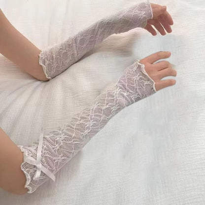 RuffleDream Mesh Lace Y2K Fingerless Gloves  Kawaii Bowknot Wrist Warmers Black  White 2