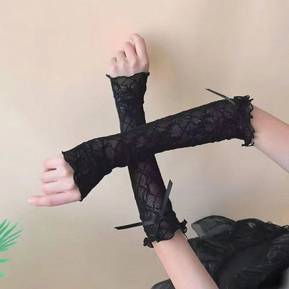 RuffleDream Mesh Lace Y2K Fingerless Gloves  Kawaii Bowknot Wrist Warmers Black  White 3