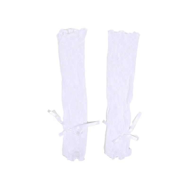 RuffleDream Mesh Lace Y2K Fingerless Gloves  Kawaii Bowknot Wrist Warmers Black  White 7