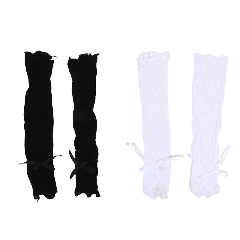 RuffleDream Mesh Lace Y2K Fingerless Gloves  Kawaii Bowknot Wrist Warmers Black  White 8