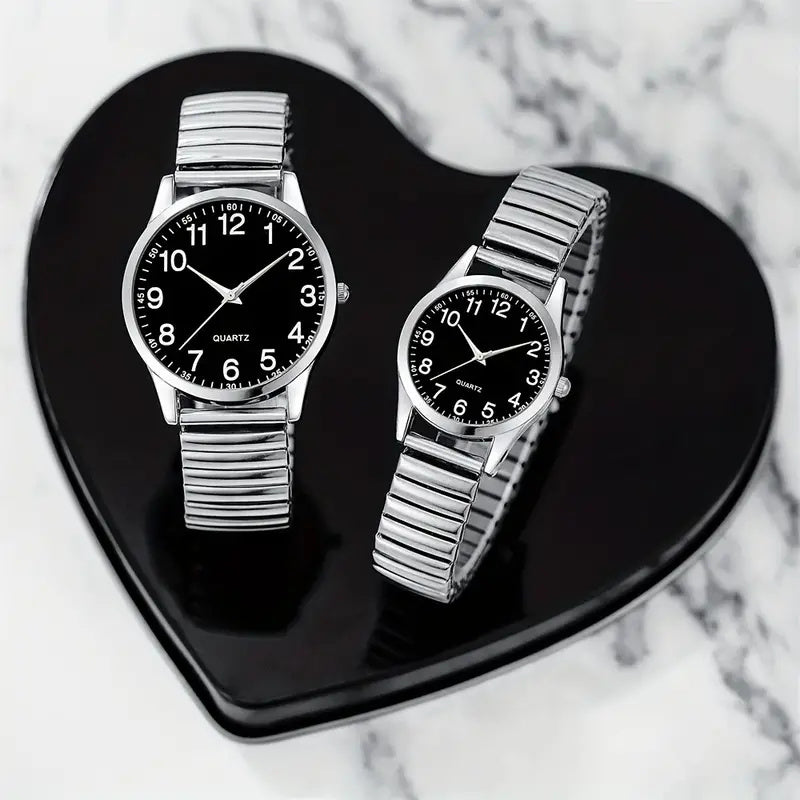 Black alloy Arabic numerals watch set, elastic band quartz lovers watch gift set for men and women