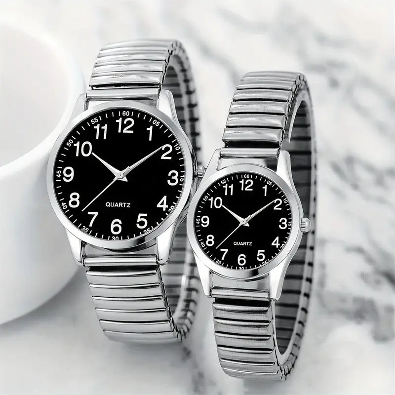 Black Alloy Arabic Numerals Watch Set Elastic Band Quartz Lovers Watch Gift Set For Men And Women 1