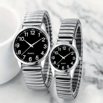 Black Alloy Arabic Numerals Watch Set Elastic Band Quartz Lovers Watch Gift Set For Men And Women 1