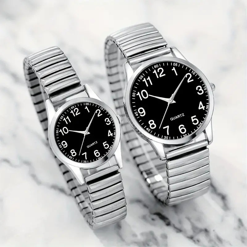 Black Alloy Arabic Numerals Watch Set Elastic Band Quartz Lovers Watch Gift Set For Men And Women 2