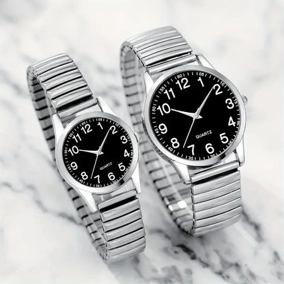 Black Alloy Arabic Numerals Watch Set Elastic Band Quartz Lovers Watch Gift Set For Men And Women 2