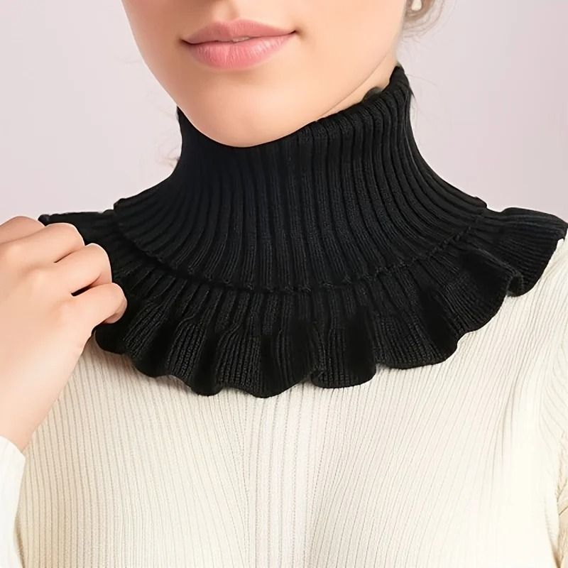 Fashionable Black And White Knitted False Neck Scarf With Elegant Ruffle Edge 7