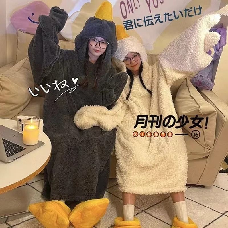 Thicken Coral Fleece Hooded Robe With Cute Goose Design 1