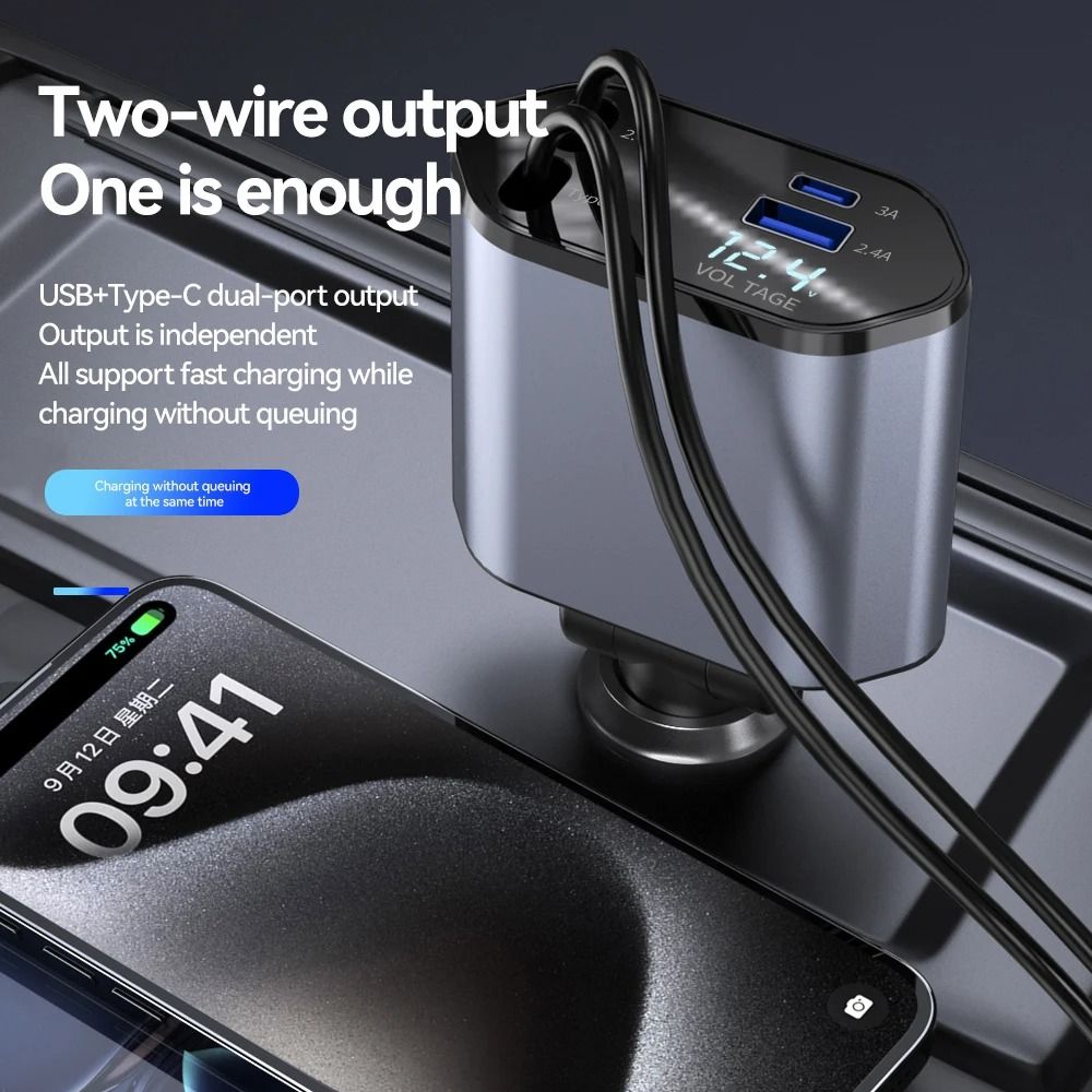 4 In 1 Retractable Car Charger With 120W Fast Charge And Type C Cable 2
