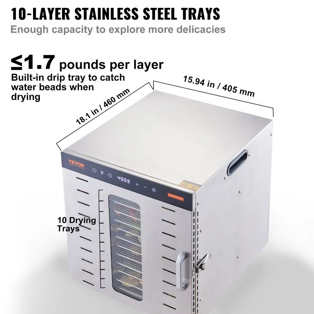 Stainless Steel Trays Food Dehydrator Machine Electric Food Dryer Digital Adjustable Timer And Temp