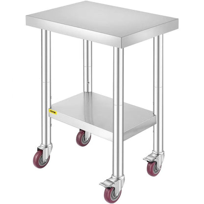 Heavy Duty Stainless Steel Work Table, Food Prep Worktable, Adjustable Height Levels, High LBS Capacity, 4 Wheels