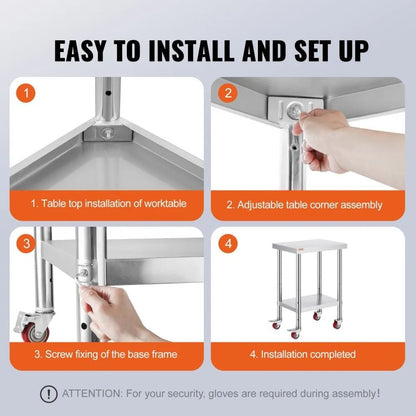 Heavy Duty Stainless Steel Work Table Food Prep Worktable Adjustable Height Levels High LBS Capacit