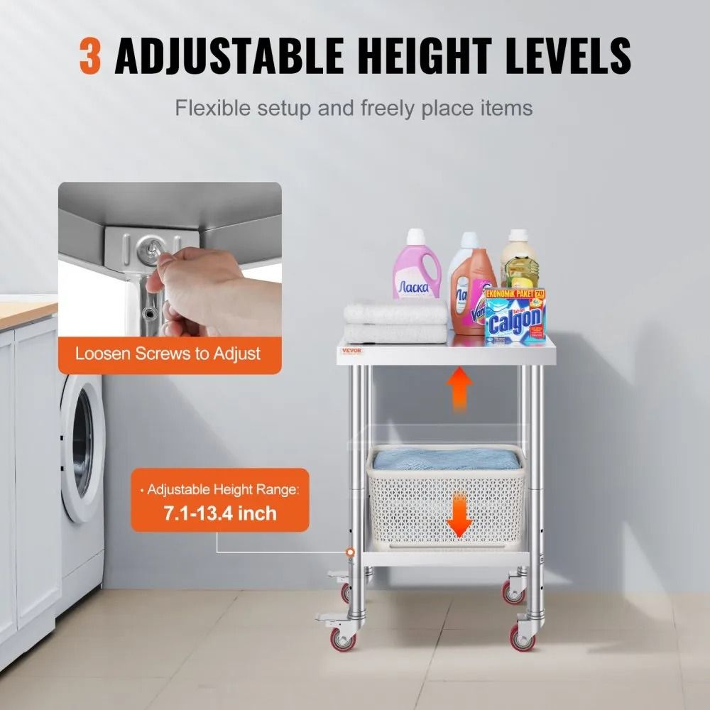Heavy Duty Stainless Steel Work Table Food Prep Worktable Adjustable Height Levels High LBS Capacit