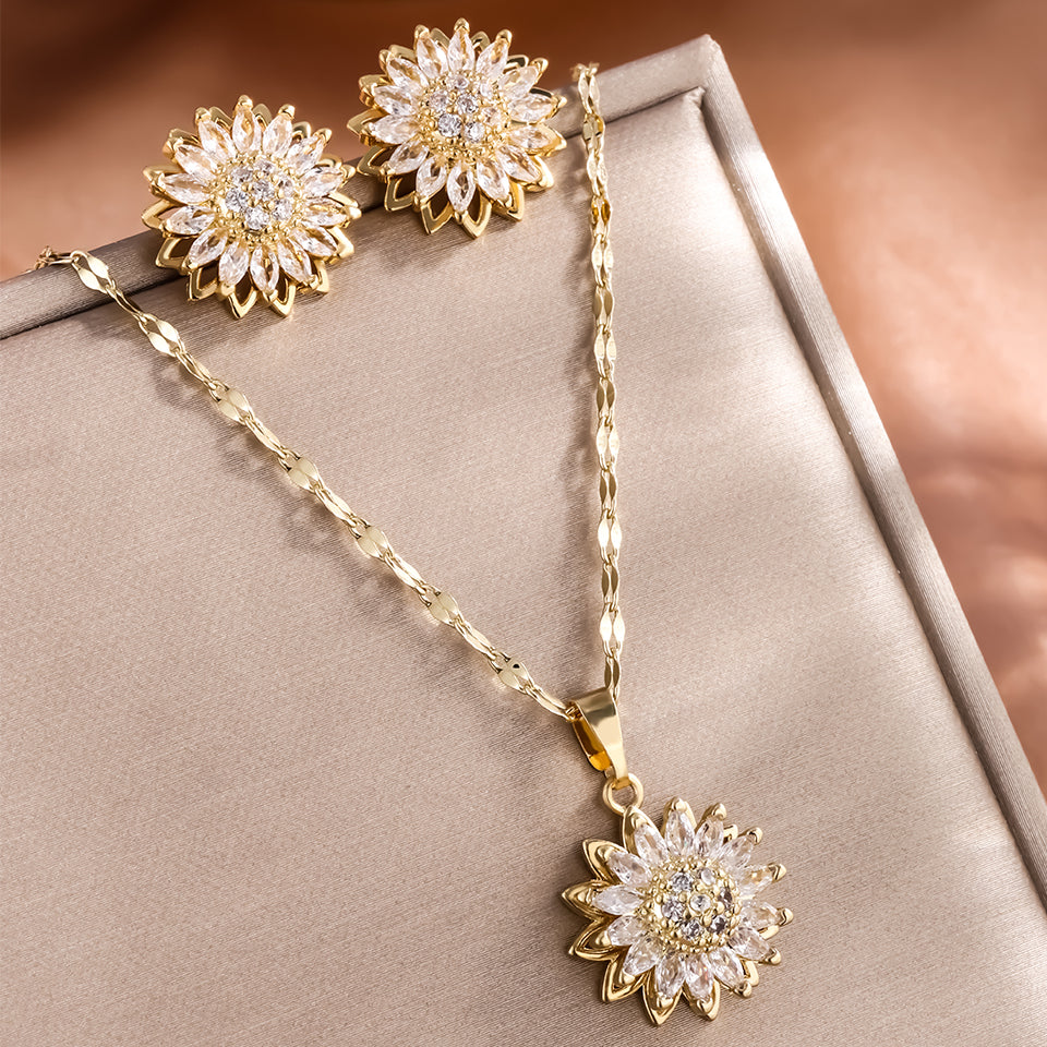Stainless Steel Zircon Necklace, Trendy Rotation Spin Sunflower, Metal Crystal Jewelry, Birthday Party Gifts for Women