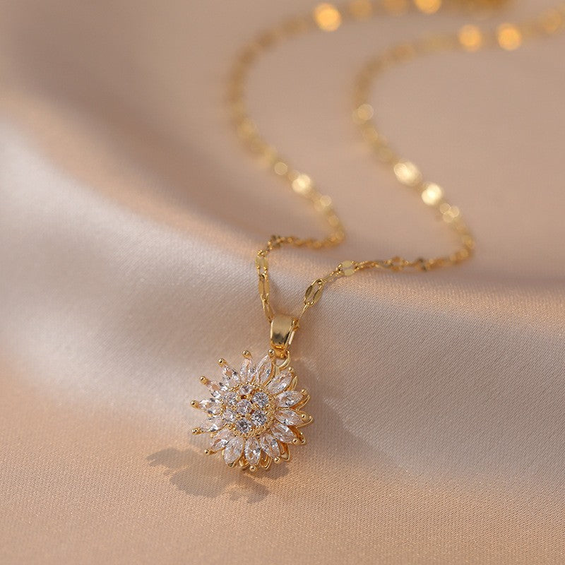 Stainless Steel Zircon Necklace, Trendy Rotation Spin Sunflower, Metal Crystal Jewelry, Birthday Party Gifts for Women