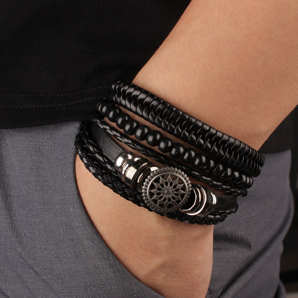 Braided Leather Bracelet, Men Vintage Rope Wristband, Life Tree Rudder Charm, Ethnic Tribal Wood Beads