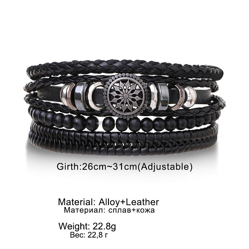 Braided Leather Bracelet Men Vintage Rope Wristband Life Tree Rudder Charm Ethnic Tribal Wood Beads 1