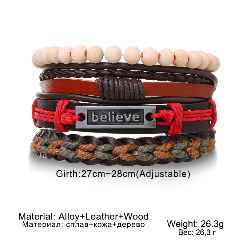 Braided Leather Bracelet Men Vintage Rope Wristband Life Tree Rudder Charm Ethnic Tribal Wood Beads 3