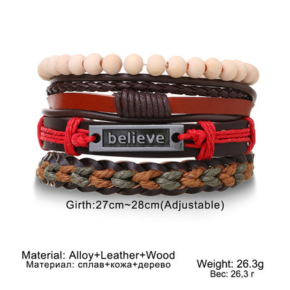Braided Leather Bracelet Men Vintage Rope Wristband Life Tree Rudder Charm Ethnic Tribal Wood Beads 3
