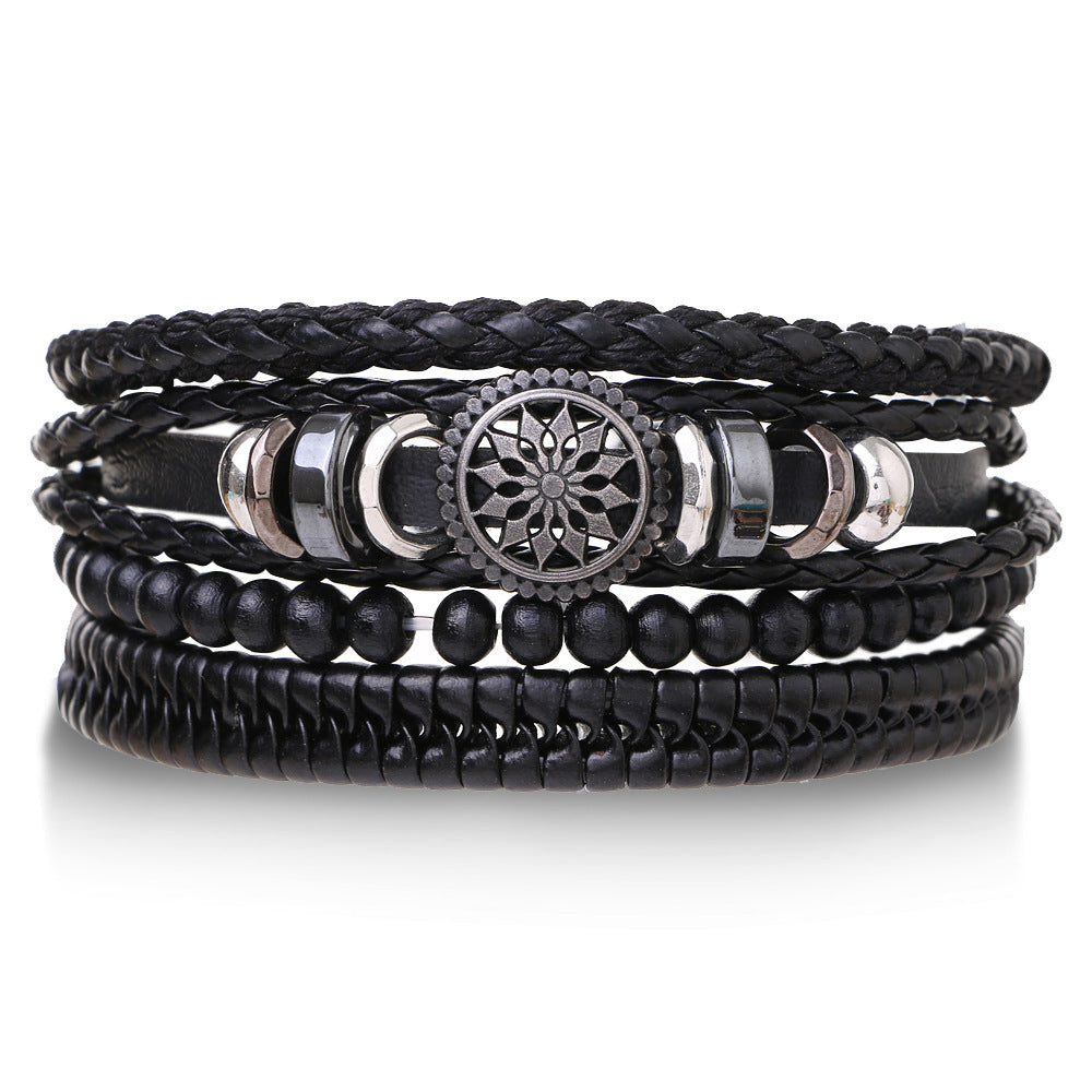 Braided Leather Bracelet Men Vintage Rope Wristband Life Tree Rudder Charm Ethnic Tribal Wood Beads 4