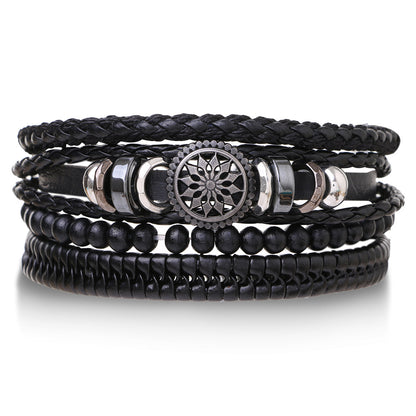 Braided Leather Bracelet Men Vintage Rope Wristband Life Tree Rudder Charm Ethnic Tribal Wood Beads 4