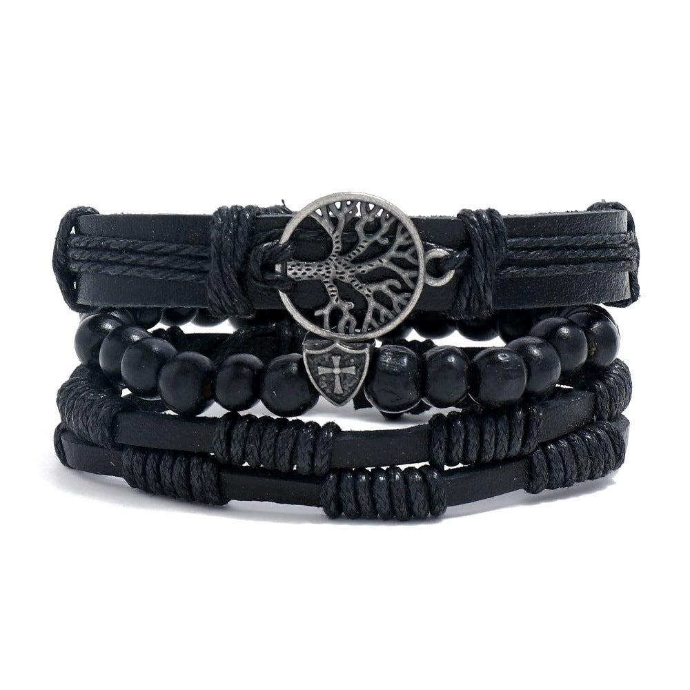Braided Leather Bracelet Men Vintage Rope Wristband Life Tree Rudder Charm Ethnic Tribal Wood Beads 6