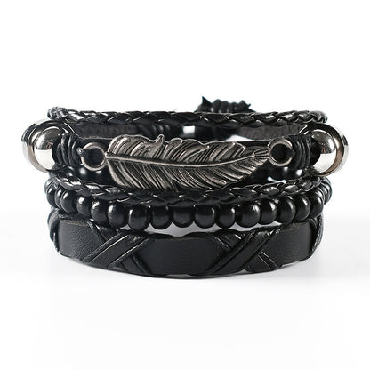 Braided Leather Bracelet Men Vintage Rope Wristband Life Tree Rudder Charm Ethnic Tribal Wood Beads 10