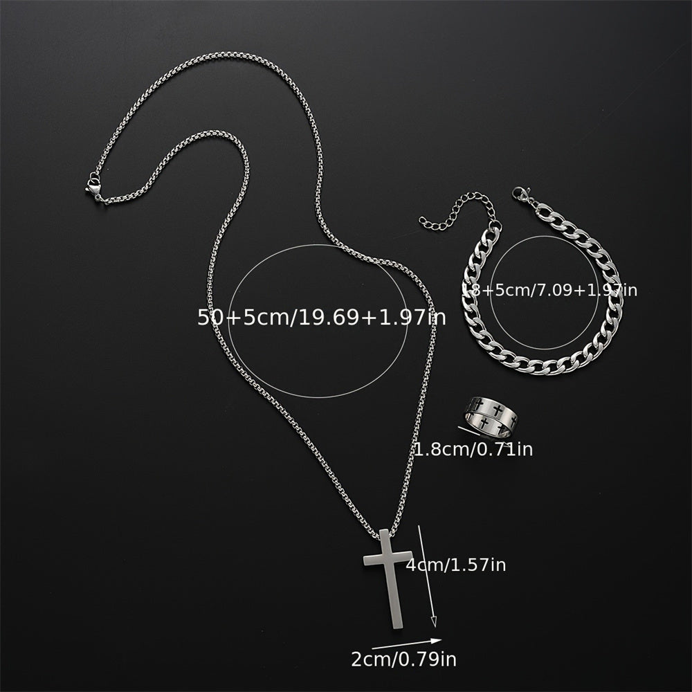 Men Stainless Steel Chain Necklace Cross Pendant Jewellery Set Bracelet Ring Hip Hop Daily Wear Acc 2