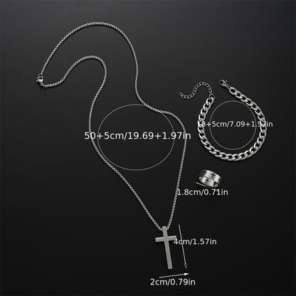 Men Stainless Steel Chain Necklace Cross Pendant Jewellery Set Bracelet Ring Hip Hop Daily Wear Acc 2