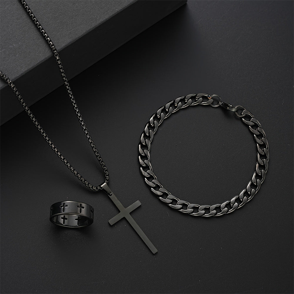 Men Stainless Steel Chain Necklace Cross Pendant Jewellery Set Bracelet Ring Hip Hop Daily Wear Acc 5