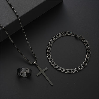 Men Stainless Steel Chain Necklace Cross Pendant Jewellery Set Bracelet Ring Hip Hop Daily Wear Acc 5