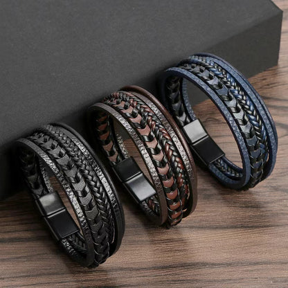 Fashion Accessories Men, Multi Layered Vintage Leather Bracelet, Braided Rope Bracelet, Alloy Magnetic Buckle Design