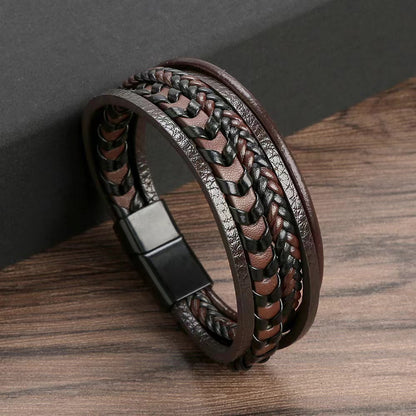 Fashion Accessories Men Multi Layered Vintage Leather Bracelet Braided Rope Bracelet Alloy Magnetic 5