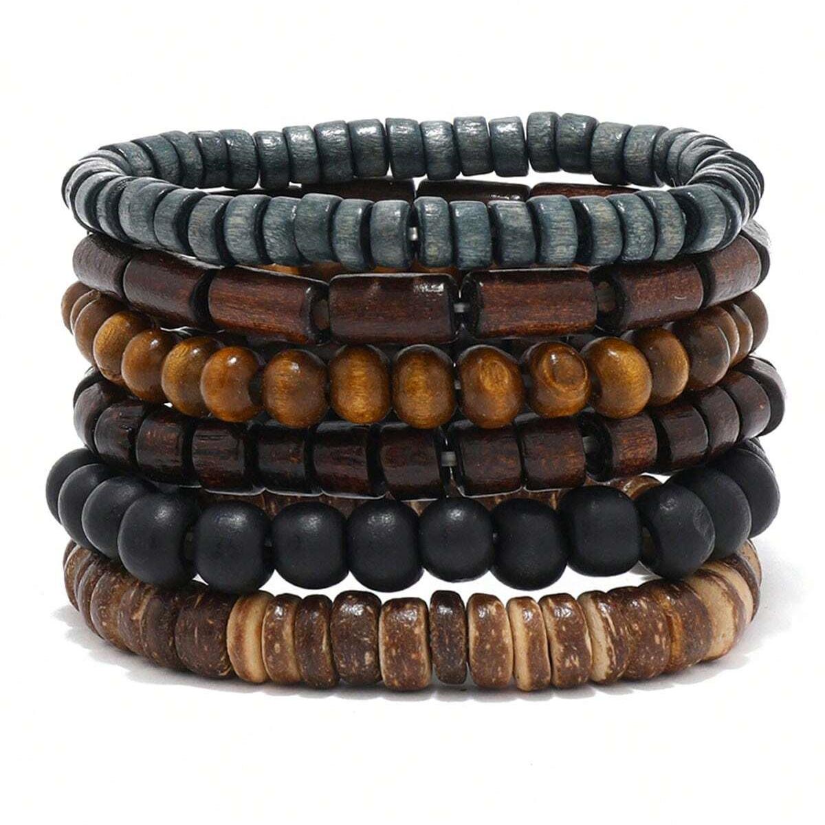 Wooden Braided Leather Bracelet For Men Vintage Beads Wrap Armband Life Wood Fashion Male Bracelet 4