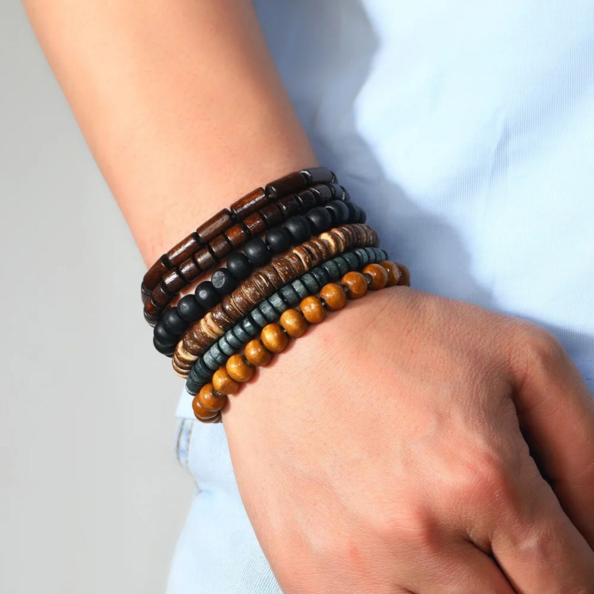 Wooden Braided Leather Bracelet for Men, Vintage Beads Wrap Armband, Life Wood Fashion Male Bracelet