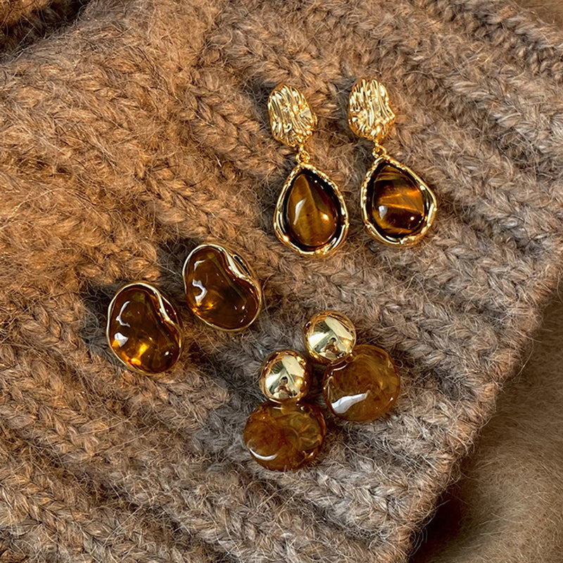 Dangle Earrings For Women Fashion New Brown Resin Tiger Eye Stone Melard Color Jewelry Silver Needl 5