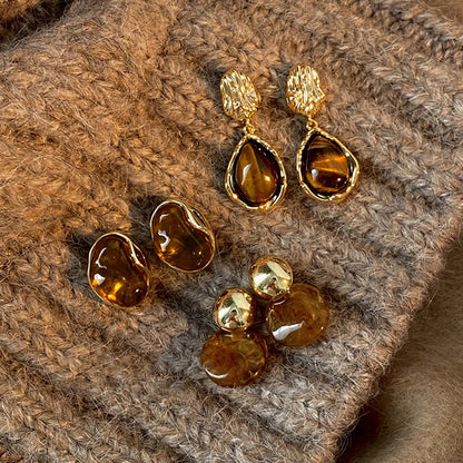 Dangle Earrings For Women Fashion New Brown Resin Tiger Eye Stone Melard Color Jewelry Silver Needl 5
