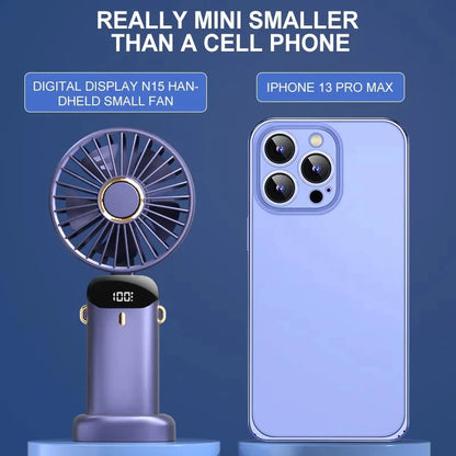 Handheld Mini Fan, Fold able Portable Neck Hanging Fan, USB Rechargeable Fan with Phone Stand and Display Screen