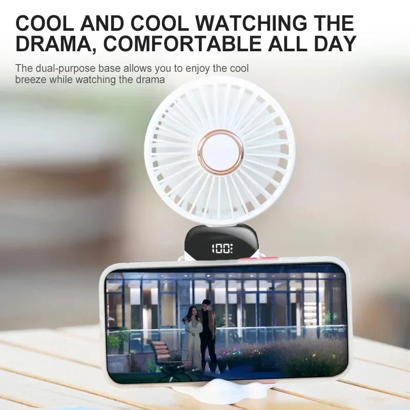 Handheld Mini Fan, Fold able Portable Neck Hanging Fan, USB Rechargeable Fan with Phone Stand and Display Screen