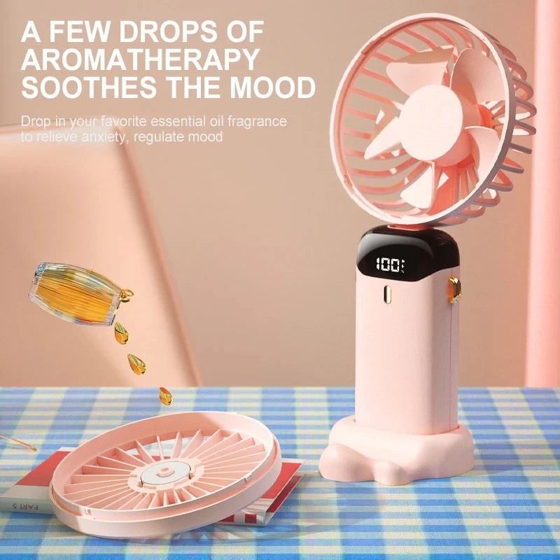 Handheld Mini Fan, Fold able Portable Neck Hanging Fan, USB Rechargeable Fan with Phone Stand and Display Screen