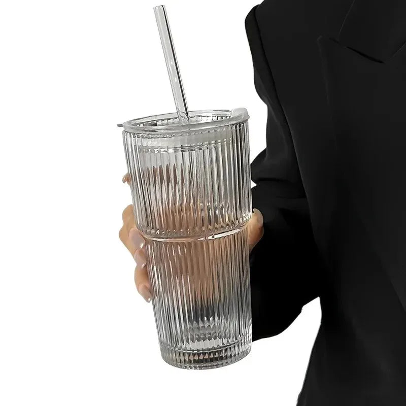 Stripe Glass Cup Transparent Glasses With Lid And Straw Ice Coffee Mug Tea Cup Juice Glass Milk Wat 2