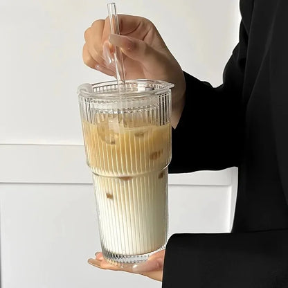 Stripe Glass Cup Transparent Glasses With Lid And Straw Ice Coffee Mug Tea Cup Juice Glass Milk Wat 3
