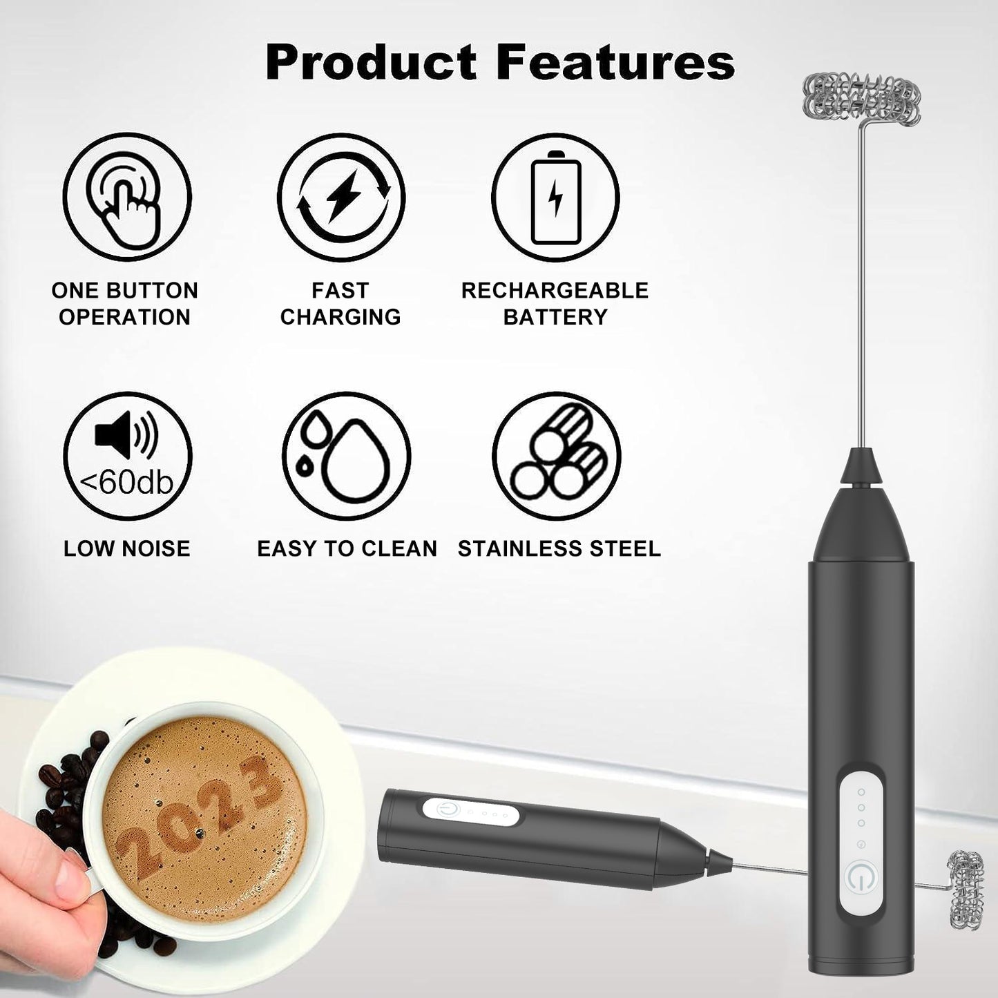USB Rechargeable Coffee Whisk, Speeds Foam Maker, Electric Handle Blender, Egg Beater