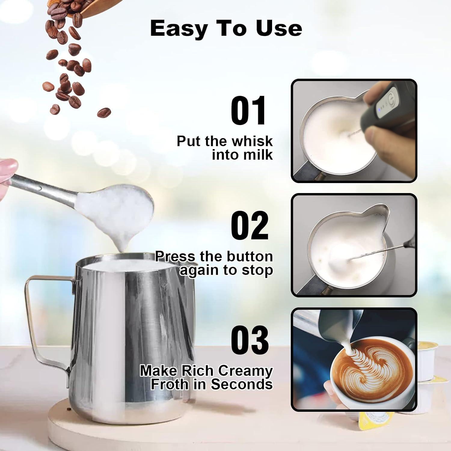 USB Rechargeable Coffee Whisk, Speeds Foam Maker, Electric Handle Blender, Egg Beater