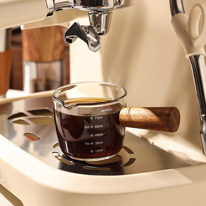 Glass Small Milk Cup, Measuring Cup with Wooden Handle, Fine Espresso Small Glass Single Double Spout