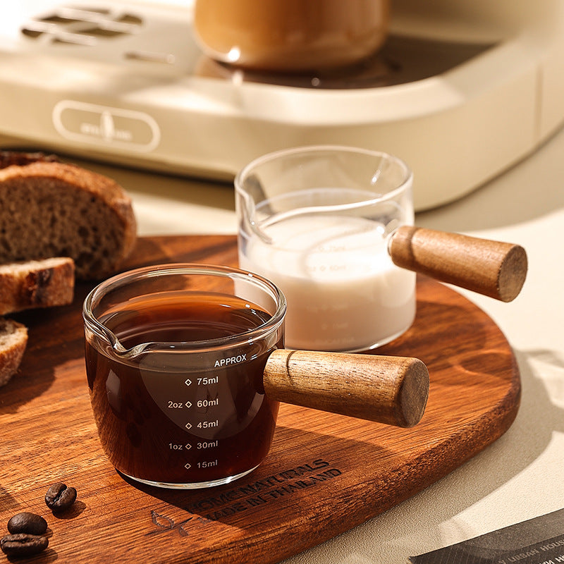 Glass Small Milk Cup Measuring Cup With Wooden Handle Fine Espresso Small Glass Single Double Spout 2