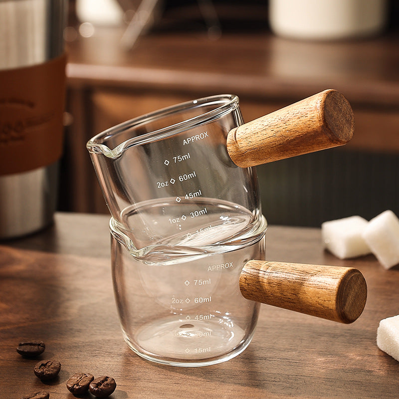 Glass Small Milk Cup Measuring Cup With Wooden Handle Fine Espresso Small Glass Single Double Spout 3